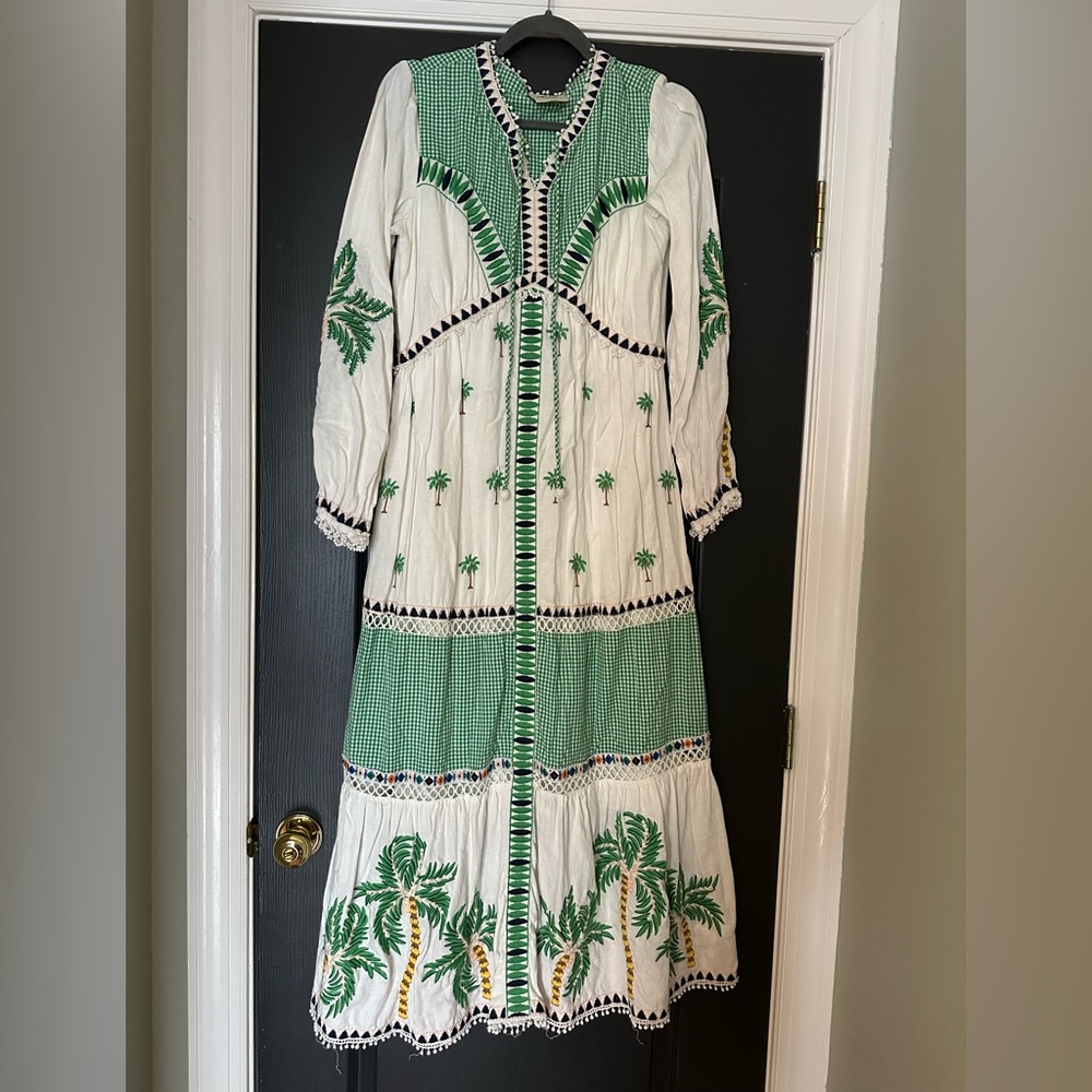 Beaded and embroidered palm motif Farm Rio long sleeve maxi dress | size M